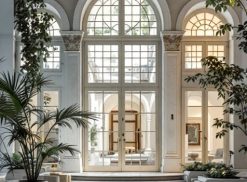 Ampia hall con finestre ad arco ed eleganti infissi, caratterizzata da piante rigogliose, decorazioni bianche, pavimenti lucidati e vista su un cortile interno. Scopri perché Roma Est offre le migliori viste della città.
