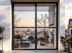 Una grande finestra con infissi in alluminio Roma Est in un edificio moderno si affaccia su un paesaggio urbano con alberi ed edifici sotto un cielo azzurro terso. Piante da interno e mobili eleganti sono visibili all'interno.