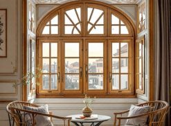 Una grande finestra ad arco con infissi in legno a Roma Est impreziosisce una stanza elegante. Due sedie in vimini e un tavolo rotondo sono rivolti verso la finestra. La luce del sole entra a fiotti, illuminando magnificamente l'interno.