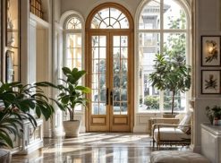 Camera elegante e luminosa, con grandi finestre ad arco, porte in legno, piante in vaso e comode sedute.